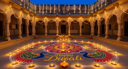 Obraz premium Illuminated courtyard with elaborate diwali rangoli and diyas