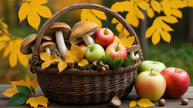 Autumn Basket Of Mushrooms And Apples