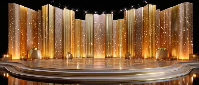 Golden Stage of Anticipation: A stunning stage bathed in warm golden light, with geometric elements adding a modern touch, stands ready for an unforgettable event.