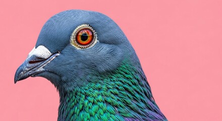 Close-up of a Pigeon's Eye and Feathers Against Pink Background