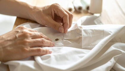 Close-up of Hand Stitching Button on White Shirt with Thread, Sewing Repair Work with Needle and Thread on Wrinkled Shirt