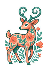 Whimsical Watercolor Deer with Floral Patterns and Blossoms in watercolor style, with floral patterns, ideal for nursery decor, greeting cards, and wall art
