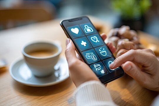 Person using a smartphone with various app icons at a cafe - Powered by Adobe