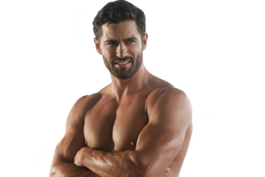 Muscular bearded man confidently posing with crossed arms studio portrait transparent background