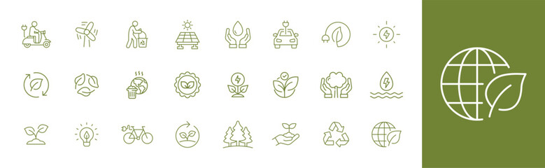 Ecology icon set. Simple outline style. Environment, sustainability, nature, recycle, renewable energy, electric bike, eco friendly, forest, wind power, green concept. Line symbol.