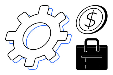 Gear cog, dollar coin, and briefcase emphasizing concepts thumbs up business operations, finance, planning, management, leadership, problem-solving and innovation. Ideal for teamwork processes