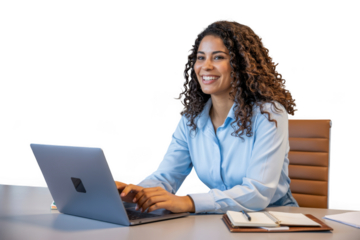 Smiling businesswoman working on a laptop in a modern professional office setting transparent background