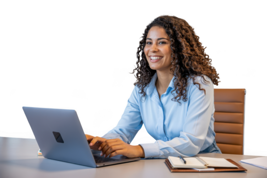 Smiling businesswoman working on a laptop in a modern professional office setting transparent background