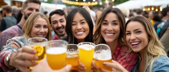 A Toast to Friendship: A group of cheerful friend, raising glasses high, celebrating with refreshing drinks, captured in a vibrant moment of unity and joy.