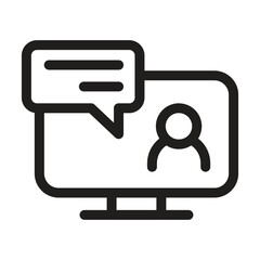 Line drawing depicts a computer screen showing a person icon with a speech bubble containing two lines above it. Editable stroke icon. Vector illustration
