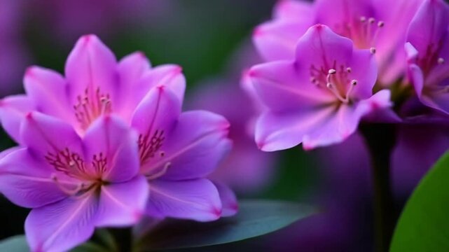 A stunning closeup image captures the vibrant purple rhododendron flowers, beautifully showcasing intricate details