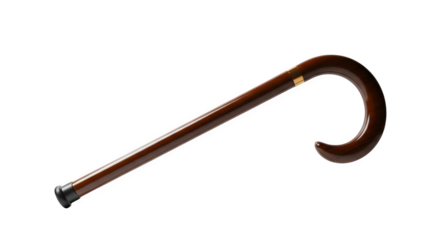 Elegant brown wooden walking cane with curved handle isolated on transparent background for mobility assistance and support in a studio shot