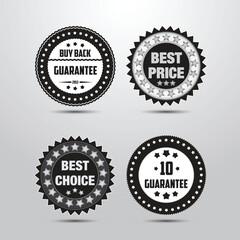 Set of four circular vintage guarantee and best price badges with star borders and detailed typography on a light background