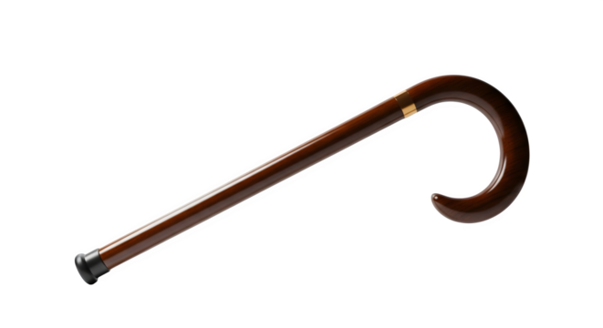 Elegant brown wooden walking cane with curved handle isolated on transparent background for mobility assistance and support in a studio shot