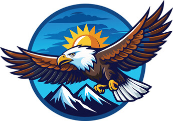 Fototapeta premium Majestic bald eagle soaring powerfully over snow-capped mountains under a bright sun