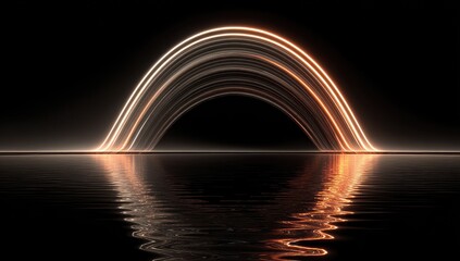 Abstract arch of glowing lines over water reflection
