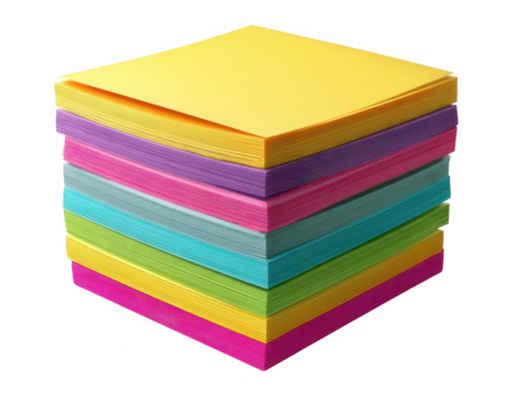 Stack of colorful square sticky notes on black including yellow purple pink blue green and magenta