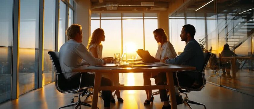 Sunset Summit: Business professionals in a sleek, modern office space engage in a crucial discussion, framed by a breathtaking sunset, symbolizing strategic foresight and collaboration