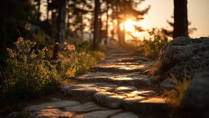 Sunlit stone path through forest at sunset