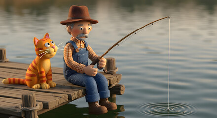 A whimsical scene unfolds as a claymation man and his feline companion engage in a peaceful fishing expedition on a tranquil lakeside dock radiating a sense of serenity and companionship under the