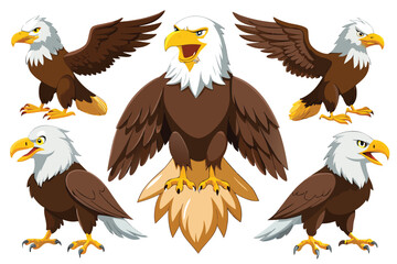 Majestic bald eagle in various dynamic poses showcasing power and freedom for patriotic designs
