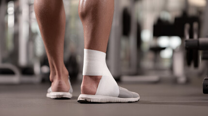 Athlete with injured ankle wrapped in medical tape during workout, sports injury treatment and recovery concept, fitness and healthcare theme.