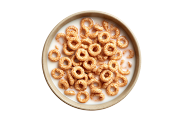 Bowl of o shaped cereal with milk isolated on transparent background
