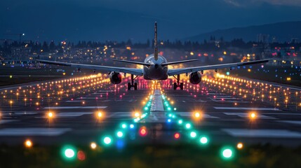 Obraz premium Night Landing: Airplane on Runway at Twilight