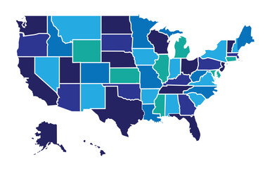 United States map isolated on a white background. The United States map is blue with high-detail areas of the United States. Vector illustration eps 10.