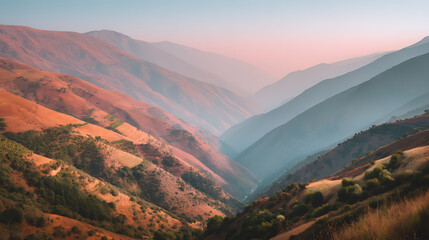 The mountains are covered in trees and the sky is a beautiful pink color