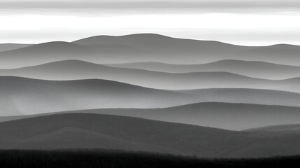 The image is a black and white photo of a mountain range with a foggy atmosphere