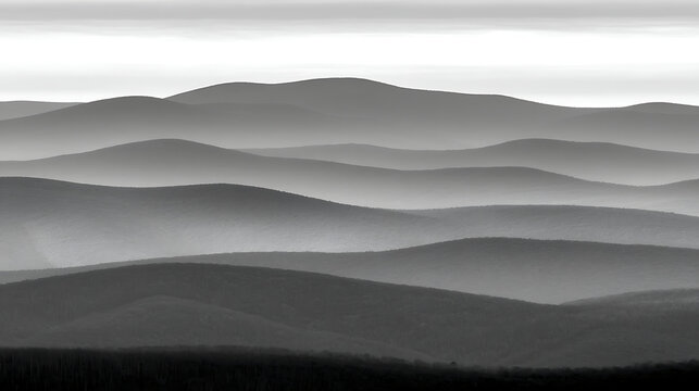 The image is a black and white photo of a mountain range with a foggy atmosphere