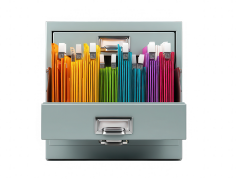 Open Grey Filing Cabinet Drawer Filled With Colorful Hanging File Folders Organized By Color On A Transparent Background