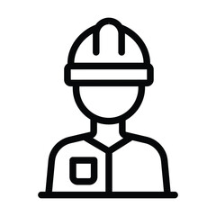 Construction worker icon person wearing helmet and shirt outlined in black on a white background. Editable stroke icon. Vector illustration