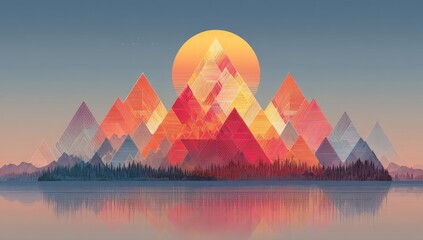 Colorful geometric mountains reflected on a serene lake
