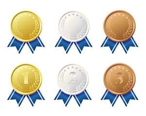 金銀銅のメダルのイラストセット。青いリボンの装飾。白背景にベクターイラスト。