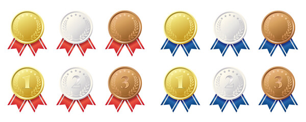 Gold, Silver, and Bronze Medal Illustration Set./ 金銀銅のメダルのイラストセット。赤と青のリボン。白背景にベクターイラスト。