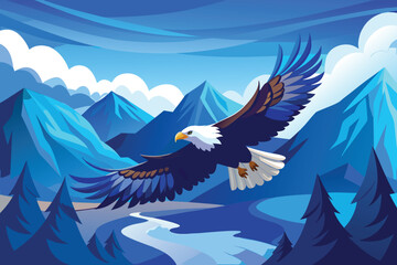 Majestic bald eagle soars over a stylized blue mountain landscape with a winding river below