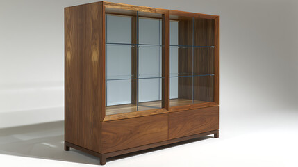 A wooden cabinet with glass doors and a wooden base