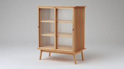 A wooden cabinet with a glass door and a wooden frame