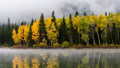 Autumn forest reflecting on a misty lake