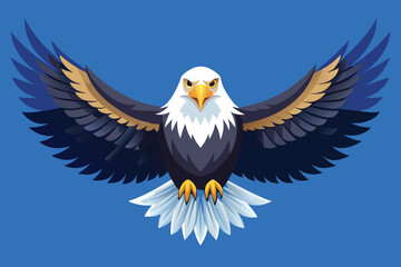 Fototapeta premium Majestic bald eagle soaring powerfully with wings spread wide against a vibrant blue background