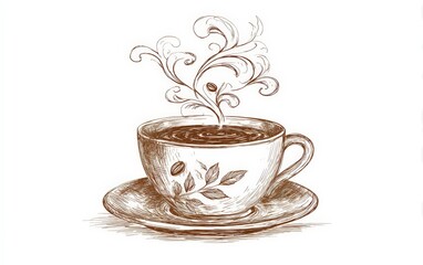 Simple outline coffee cup sketch in linear art style with decorative steam swirls isolated on white background perfect for web icons food blog headers and cafe themed merchandise