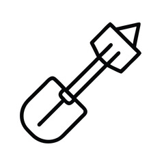 A black outline drawing of a shovel with a square handle a triangle point and a wide curved blade. Editable stroke icon. Vector illustration