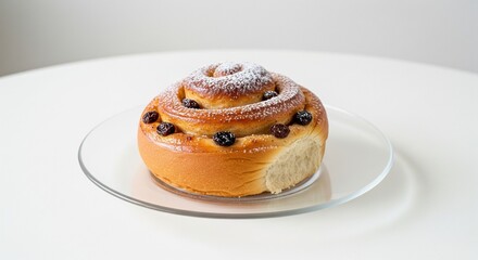 close up of a cinnamon roll, also known as a cinnamon bun or sweet roll. 