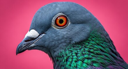 Detailed Close-Up of a Pigeon's Eye and Feathers Against Pink Background