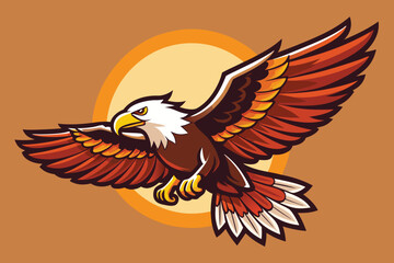 Fototapeta premium Powerful bald eagle soars with outstretched wings against a vibrant sun emblem, symbolizing freedom and strength.