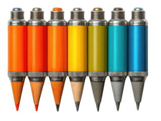 Row Of Seven Colorful Pencils With Metallic Ends Isolated On A Transparent Background Ready To Isolate