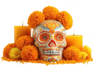 Decorated sugar skull flanked by lit candles and marigold flowers in a still life setting