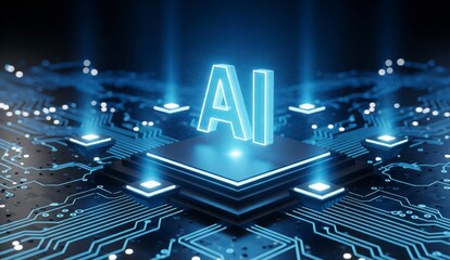 3D text "AI" on a central CPU. Concept of Artificial Intelligence, machine learning, and data processing on a futuristic circuit board background.

